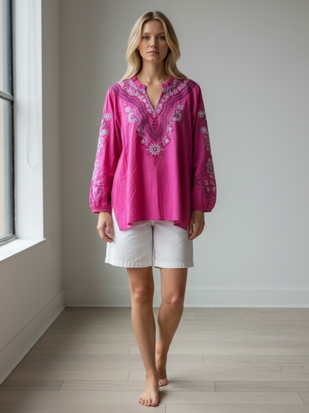 Soft Surroundings Fuchsia Embroidered V-Neck Tunic - Picture 1 of 12